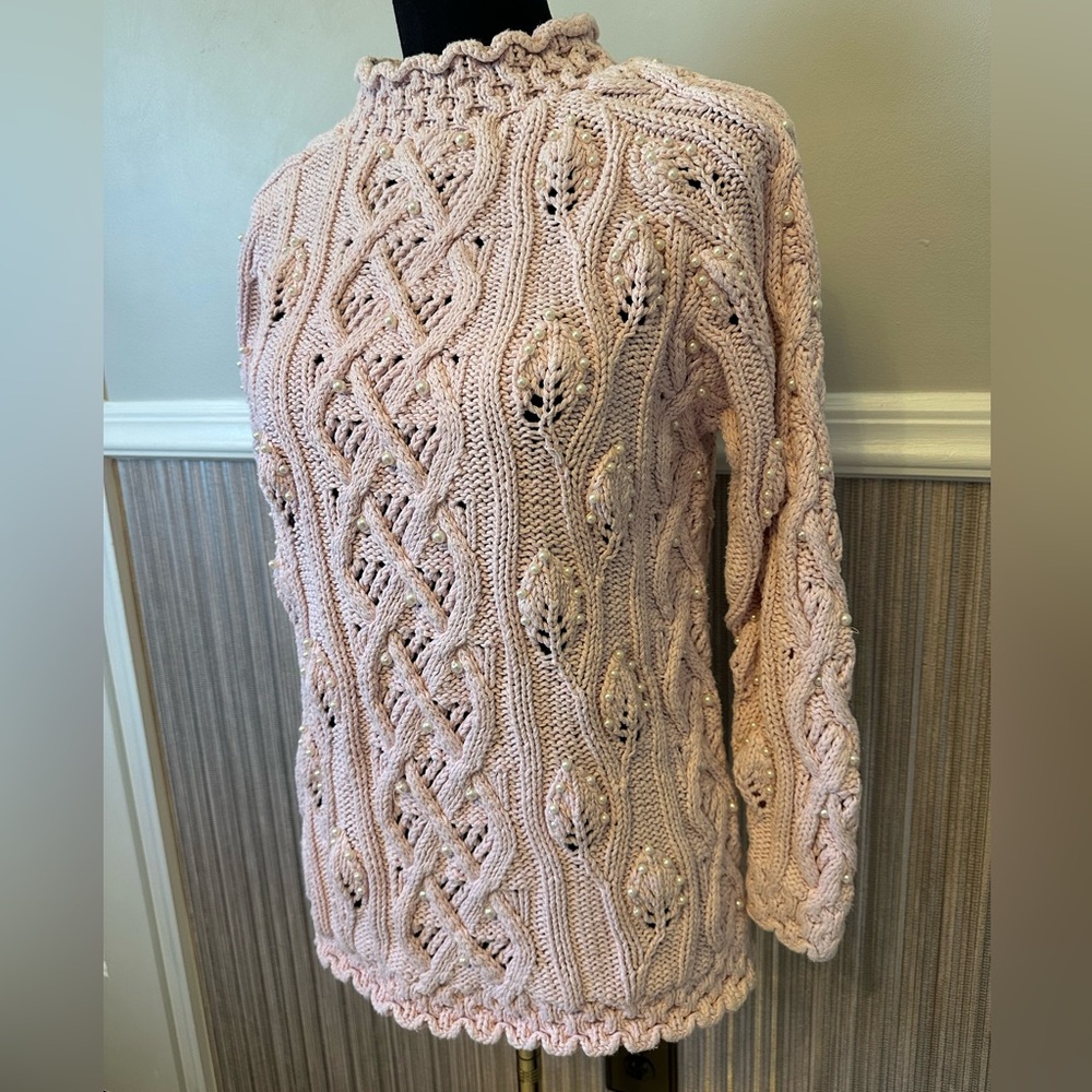 Vintage Yarnworks Pearl Embellished Cable Knit Sweater Pink Cottagecore Medium - Picture 2 of 9